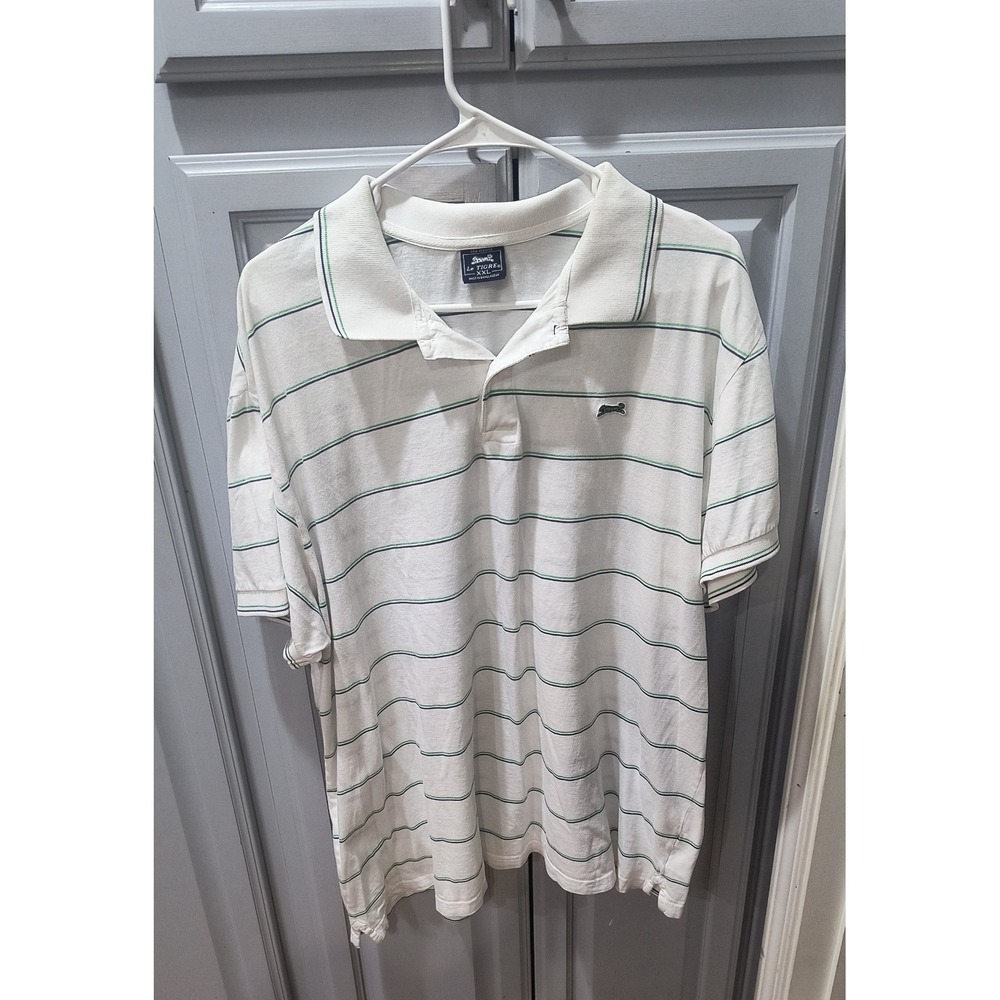 Le Tigre Mens XXL White Striped Short Sleeve Cotton Pique Polo Shirt Green Blue
